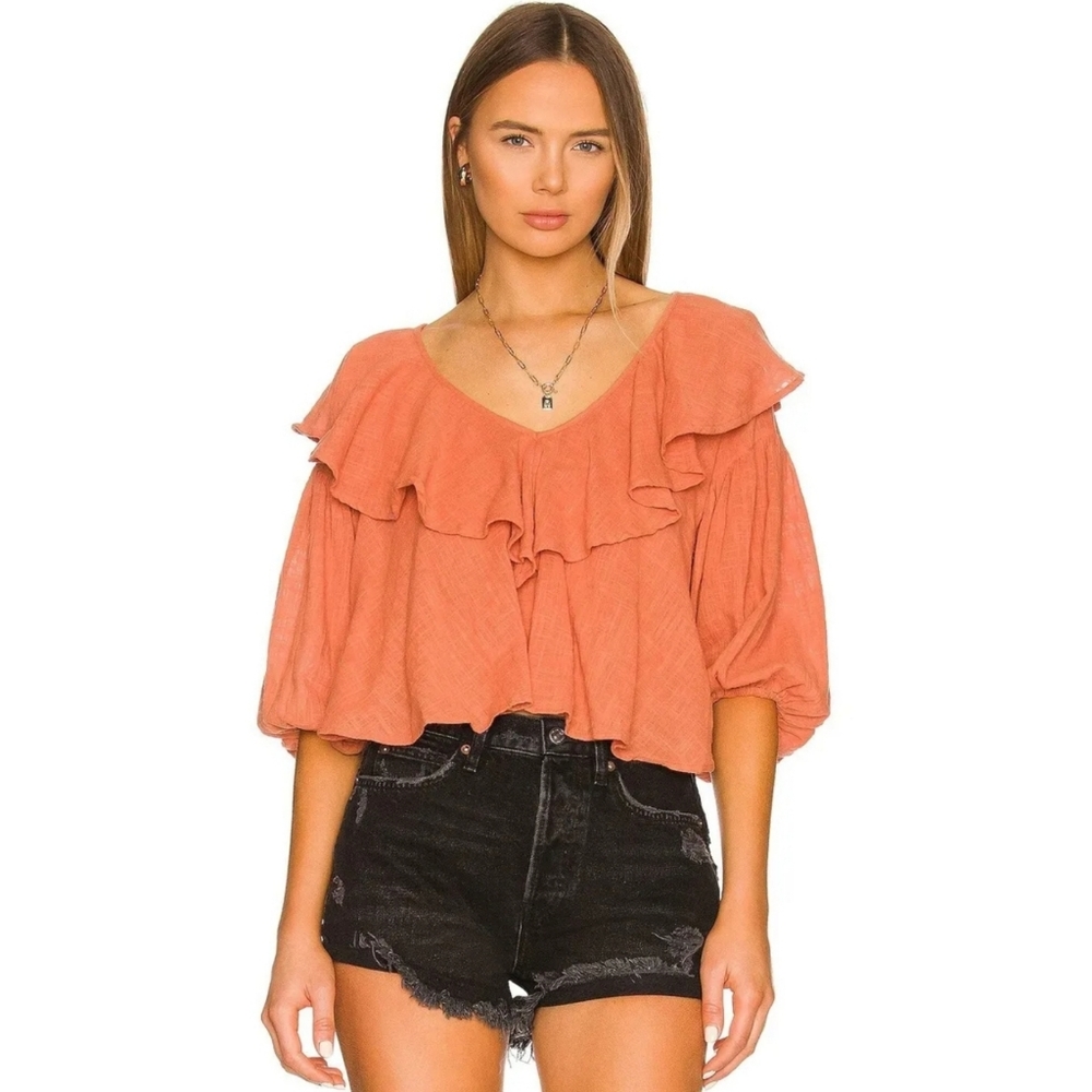 Free People Zuri Blouse w/ Open Back & Ruffle Bib in Ginger Spice Size S